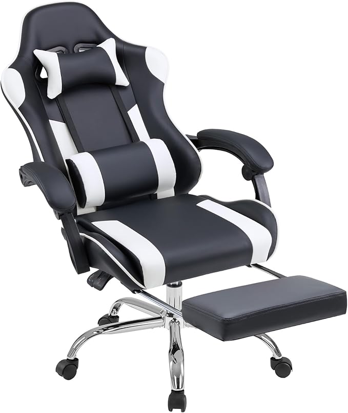 DUMOS Ergonomic Gaming Office Desk Chair with Footrest, Height Adjustable 360° Swivel Computer Chair with Headrest and Lumbar Support, Pear White