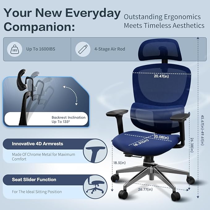 Jacia House TSCA Certified Ergonomic Mesh Office Chair, Big Tall Gaming Chair Adjustable Lumbar Support, 4D Armrests, 2D Headrest, 135° Reclining Rolling Swivel Desk Chairs with Seat Lock 600lb