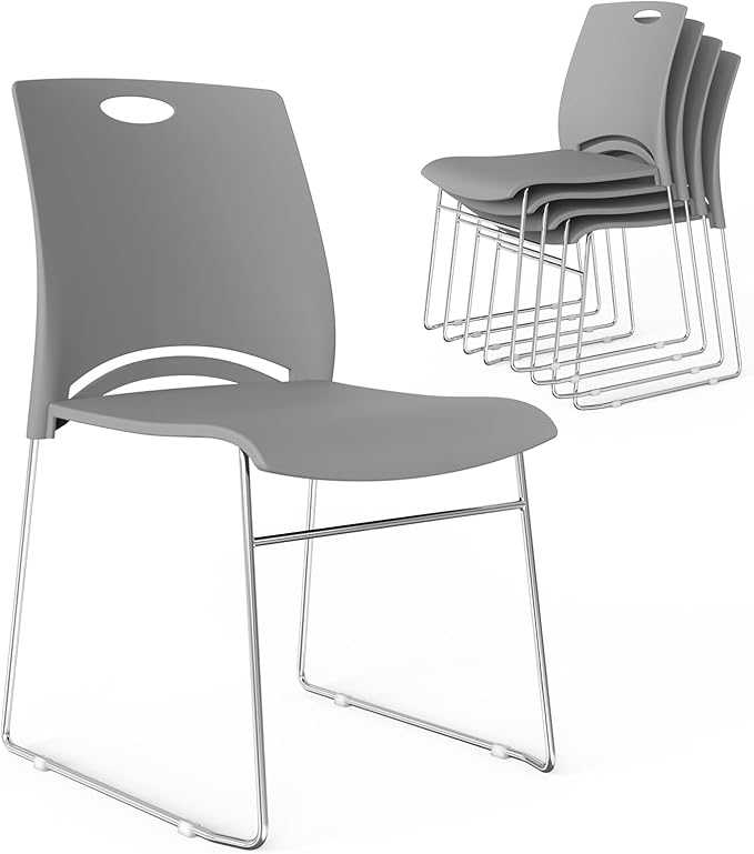VINGLI Stacking Chairs Set of 5 Stackable Office Chairs with Metal Sled Base, Ergonomic Plastic Seat, Stacking Chairs for Waiting Room Break Room Banquet Guest, Grey