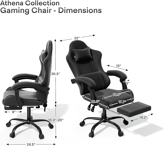 Athena Collection Gaming Chair, Ergonomic Gaming Chair with Footrest & Headrest Lumbar Support, Height Adjustable Swivel Computer Chair Office Chair Adults(Carbon Fiber Black)