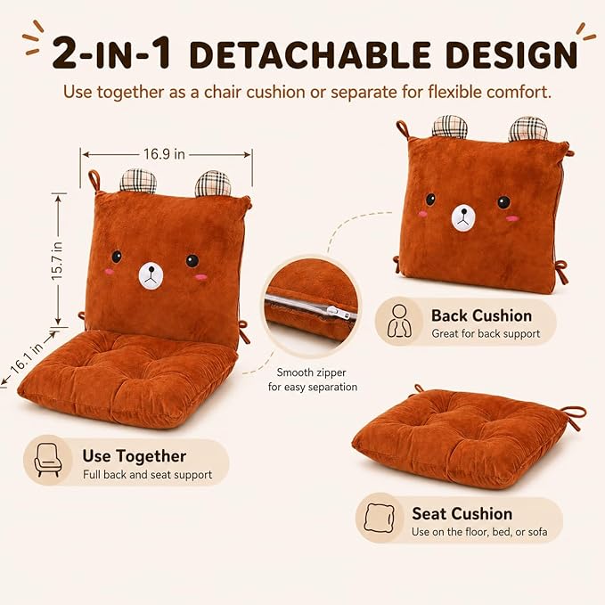 ChezMax Chair Cushion Plush Seat Cushion Back Cushion with Ties, Detachable Thickened Desk Chair Pads, Cartoon Waist Pillow Cushion Decor for Chair Car Office Patio Wheelchair, Cartoon Bear