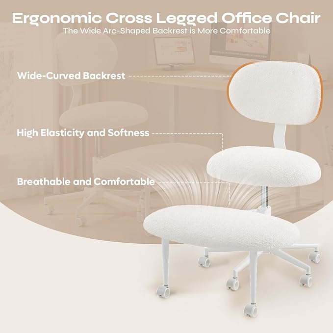 Pinmoco Ergonomic Cross Legged Office Chair with Wheels, ADHD Chair for Adults, Meditation Chair, Yoga Office Chair, Comfortable Back Support, Height Adjustable,Small Spaces, Teddy Fabric, White