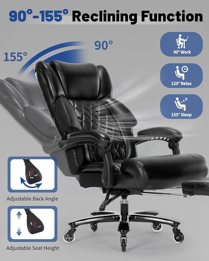 800lbs Big and Tall Office Chair, Reclining Office Chair with Foot Rest, Desk Chair for Heavy People, Large Computer Desk Chair, Heavy Duty Office Chair with Quiet Rubber Wheel and Extra Wide seat