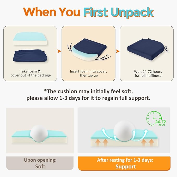 downluxe Chair Cushions for Dining Chairs, Memory Foam Linen Kitchen Chair Pads with Ties, Waterproof, Stain-Resistant and Washable Cover, 17" x 16" x 2.5", Blue, 4 Pack