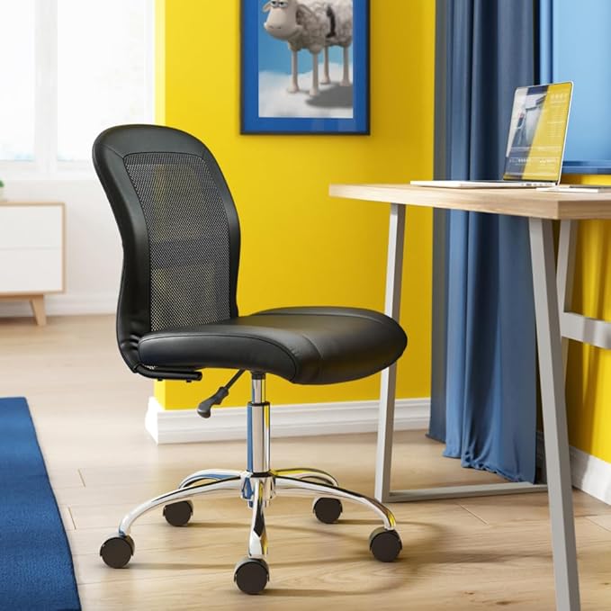 Serta Essential Armless Task Chair, Small Desk Chairs with Wheels, Breathable Mesh Back and Faux Leather, Quality Foam Cushion Seat for Comfort, Minimal Design for Vanity Table, Black