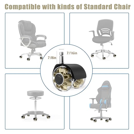 Office Chair Caster Wheels (Set of 5),Heavy-Duty Chair Wheels Support 2200lbs,Mute Rubber Chair Casters for Hardwood Floors and Carpet,2 Inch Universal Fit (Gold)
