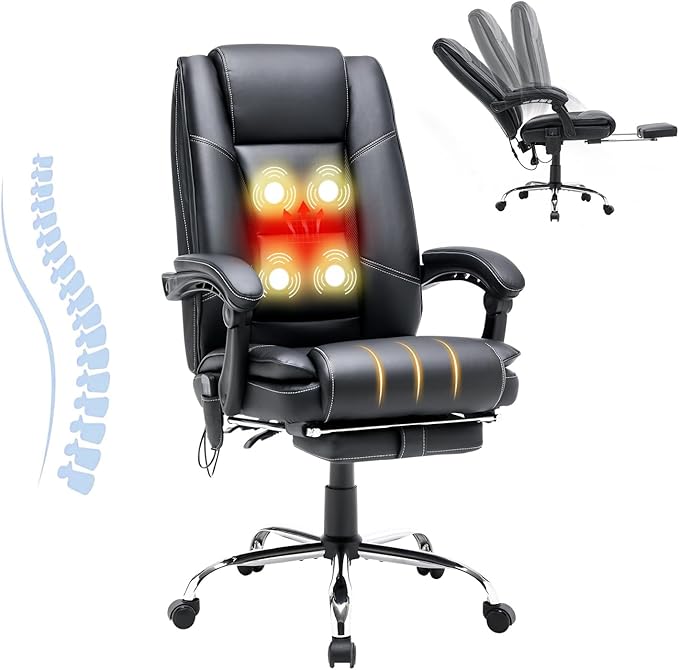 HOMREST Executive Office Chair with Heat and Massage, High-Back PU Leather Ergonomic Desk Chair with Retractable Footrest and Link Armrests, Reclining Computer Chair for Home Office (Black)