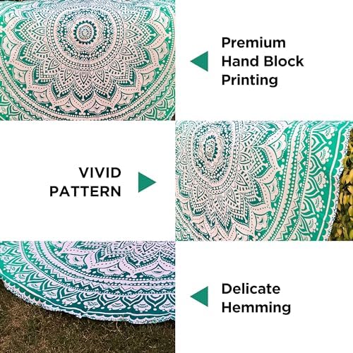 raajsee Green Ombre Round Beach Tapestry Hippie/Boho Beach Blanket Roundie/Indian Cotton Throw Bohemian Round Table Cloth/Yoga Mat Meditation Picnic Rugs 69 inch Circle