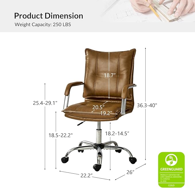 HULALA HOME Faux Leather Home Office Desk Chair, Adjustable Swivel Computer Chair with Sliver Legs and Arms, Comfy Upholstered Task Chair(Camel)