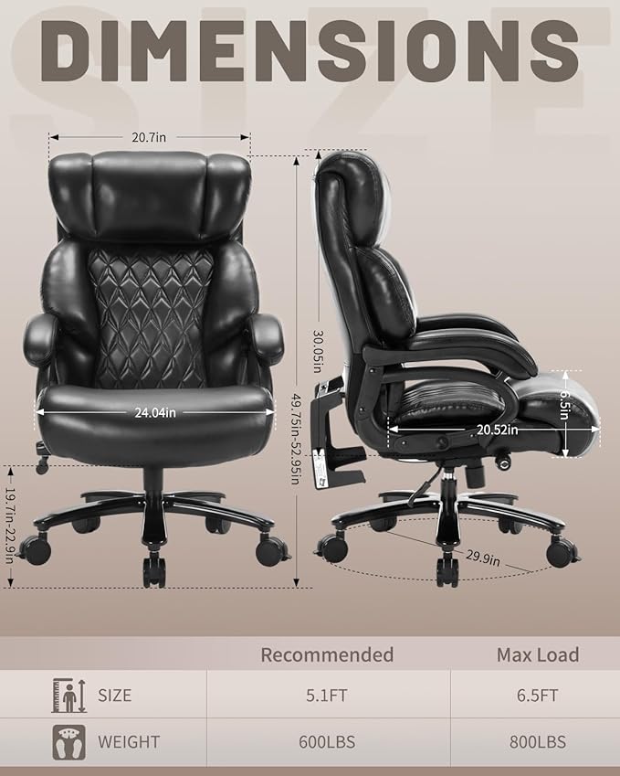 800LBS Heavy Duty Office Chair & Massage Footrest Big & Tall Executive Chair with Adjustable Lumbar Support, PU Leather, Extra Wide Seat for Comfort