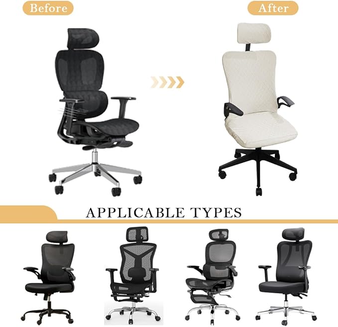 Ergonomic Office Chair Covers Set with Headrest Cover Stretch Desk Computer Chair and Headrest Slipcovers Washable Protector Slipcovers for Swivel Computer Chair 2 Pieces White