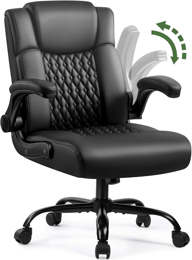 Executive Office Chair, Ergonomic Home Office Desk Chair with Lumbar Support & Flip-up Armrest, PU Leather Computer Seating for Shorter Users, Black