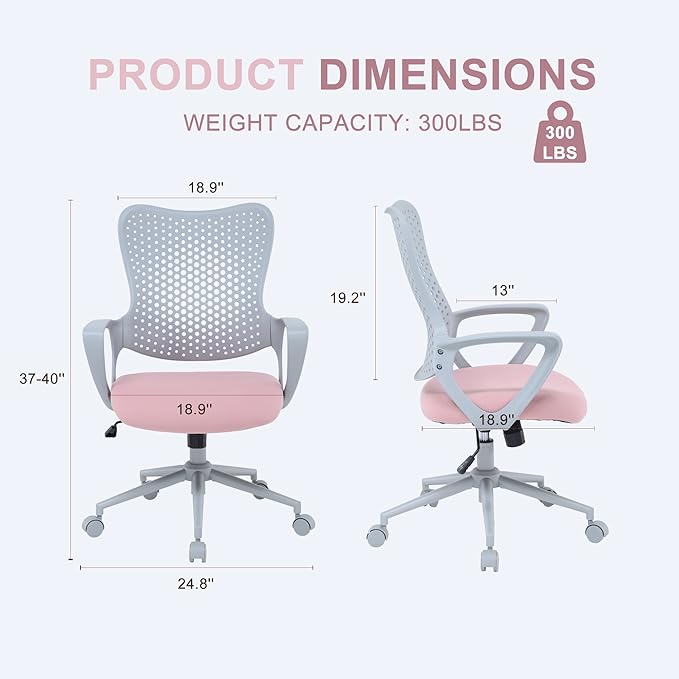 Ergonomic Office Chair, Breathable Mesh Computer Desk Chair with Armrests, Rolling Swivel Task Chair, Butterfly Back Design for Home Office, Adults and Teens (Pink)
