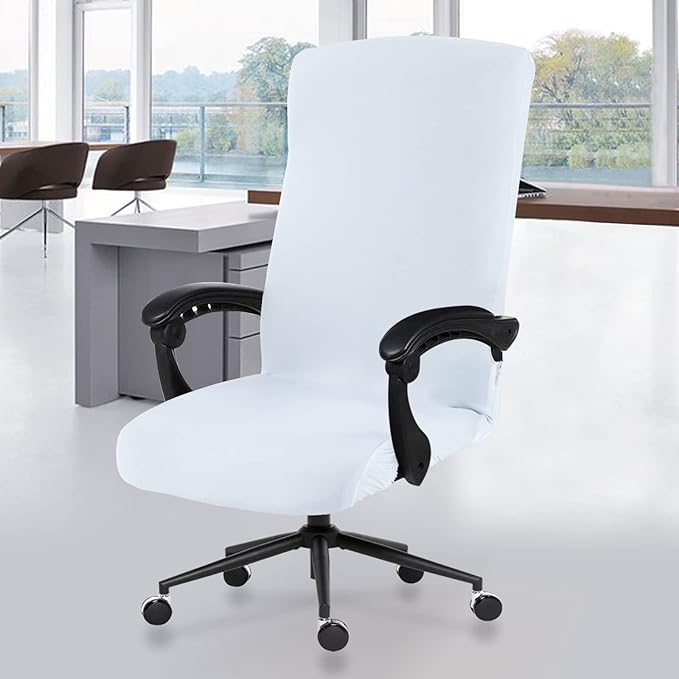Stretch Computer Office Chair Cover with Durable Zipper - Universal Washable Removable Spandex Rotating Boss Chair Slipcovers - Anti-dust Soft Desk Chair Seat Protector for Dogs, Cats, Pets (White)
