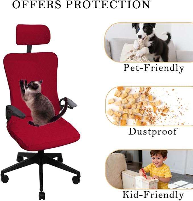 Ergonomic Office Chair Covers Set with Headrest Cover Stretch Desk Computer Chair and Headrest Slipcovers Washable Protector Slipcovers for Swivel Computer Chair 2 Pieces Red