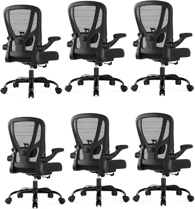 Office Chair Ergonomic Desk Chair - Mesh Computer Chair Breathable Task Chair with Wheels Adjustable Lumbar Support Home Desk Office Chairs with Flip up Armrest Black 6 Pack