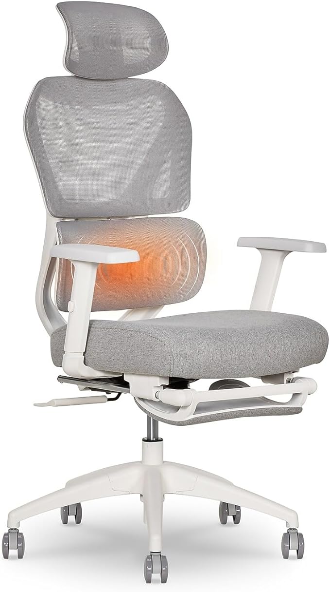 Living Style S-850 Heated Ergonomic Mesh Swivel Executive Massage Chair, Light Gray/White