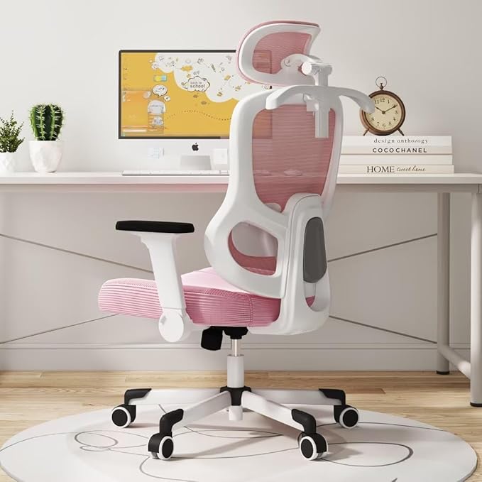 Ergonomic Office Chair Big Tall Reclining Gaming Chair Adjustable Lumbar Support 6D Armrest 6D Headrest Breathable Mesh Swivel Computer Chairs Home Task Desk Chair Wheels Coat Hanger Tilt Lock Pink