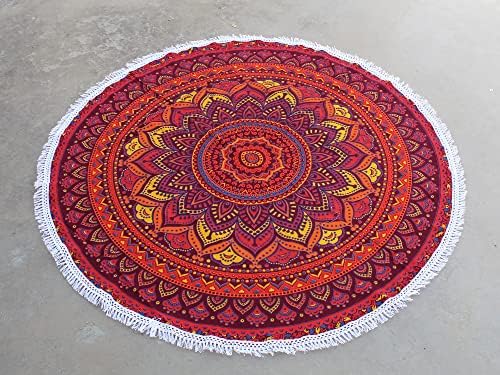 Round Beach Tapestry Turquoise Mandala Throw/Boho Hippie Beach Blanket Roundie/Indian Cotton Bohemian Large Round Table Cloth-Home Decor/Yoga Mat Meditation Picnic Rug (42", Orange)