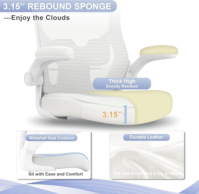 Office Chair for Long Hours & Lower Back Pain Relief – 4" Thick Molded Foam Cushion, Padded Lumbar Support and Flip-up Armrests, Ideal for Office or Study, White