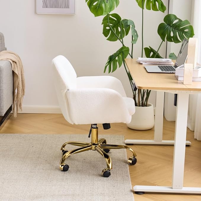 VINGLI Comfy Fuzzy Vanity Chair, Swivel Makeup Chair with Wheels, Upholstered Height Adjustable Armchair with Gold Base, Modern Ergonomic Desk Chair for Bedroom, Home Office, Pure White