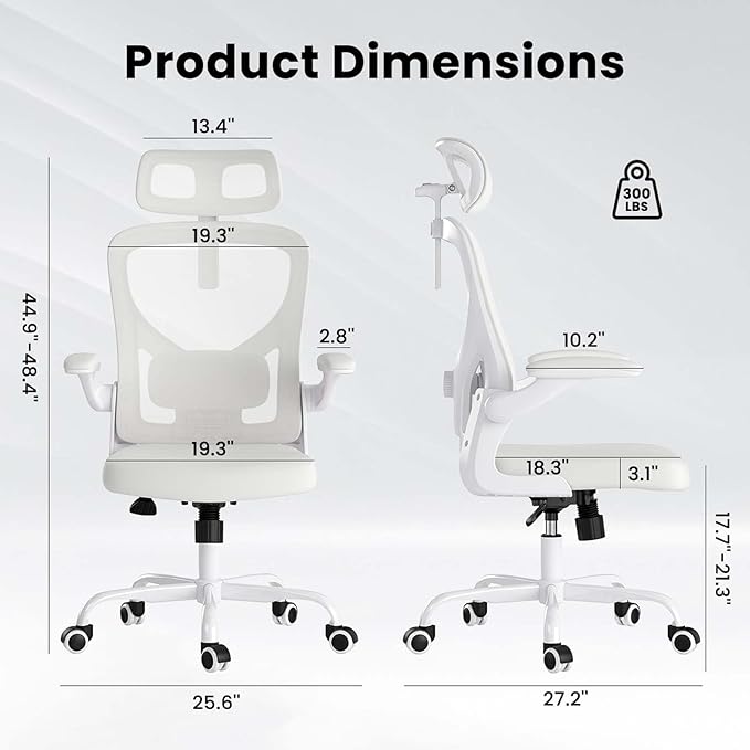 Ergonomic Mesh Office Chairs with Lumbar Support and Adjustable Headrest, High Back Comfortable Computer Desk Chair with Wheels and Armrests, Home Office Rolling Gaming Chair, Max Load 350 lbs (White)