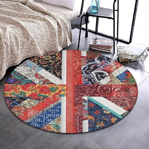 Home Decor Non Slip Kitchen Office Circle Rug, Machine Washable Modern Round Area Rug, Room Sofa Yoga Soft Round Carpet Union Jack Flag UK Mandala Art, 36inch