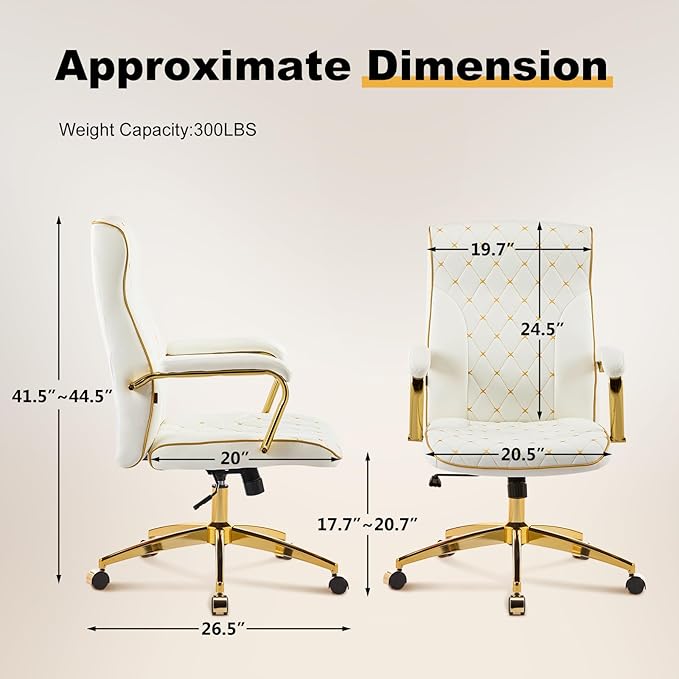 Furniliving White and Gold Office Chair, Leather Office Chairs, Adjustable Vanity Chair with Golden Legs and Padded Armrest, Modern Upholstered Computer Chair with Wheels,White