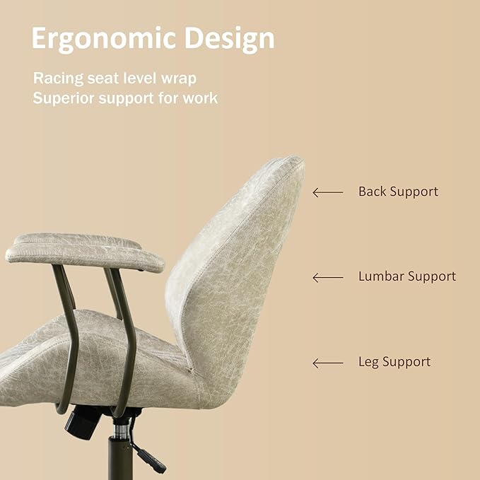 Mid Back Home Office Chair, Mid Century Modern Executive Chair, Comfy Ergonomic Rolling Office Desk Chair with Lumbar Support, Faux Leather Office Chair, Beige