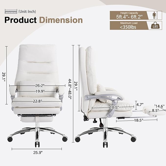 Office Chair with Foot Rest - High Back Executive Chair with Padded Linkage Armrests, Reclining Desk Chair with Wheels, Comfy Chair with Double Thick Cushion (Cream White)