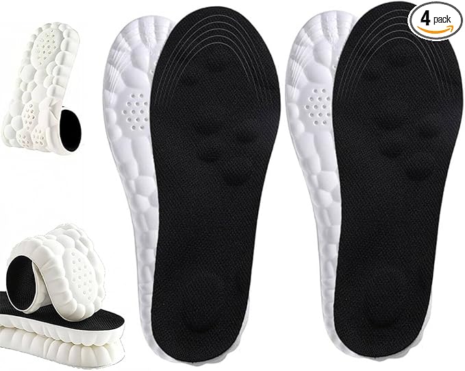 4D Cloud Insoles for Men Women, Breathable Memory Foam Cloud Massage Insoles, Enhanced Arch Support & Cushioned Comfort,Relief Foot Pain,Fits All Shoe Types(2 Pairs-Black, Men 6-7/Women 7.5-8.5)