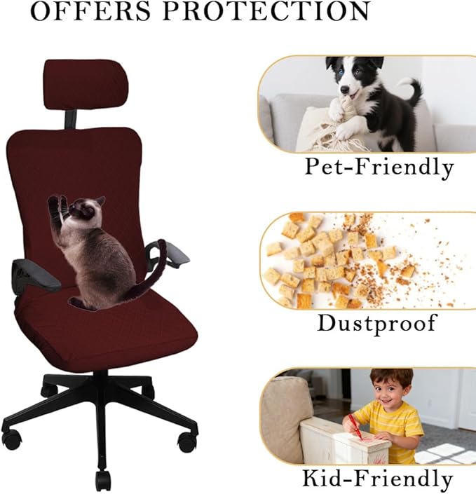 Ergonomic Office Chair Covers Set with Headrest Cover Stretch Desk Computer Chair and Headrest Slipcovers Washable Protector Slipcovers for Swivel Computer Chair 4 Pieces Wine Red