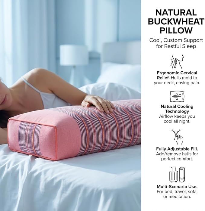Buckwheat Pillow for Neck Pain Relief 21x8x4in Natural Cooling Cervical Support Adjustable Hull Pillow for Side and Back Sleepers with Night Sweats Organic Hypoallergenic (Light Red)