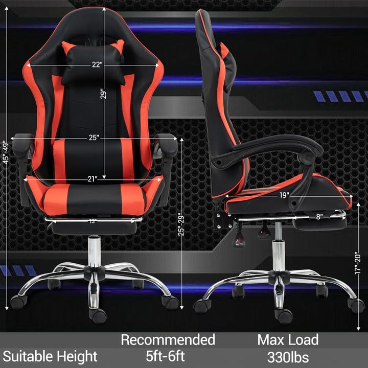 Gaming Chair with Massage, Red Ergonomic Video Game Racing Chair w/Footrest for Kids Adults, Adjustable Headrest & Lumber Support, 360° Swivel for Gaming Room Home Office Bedroom