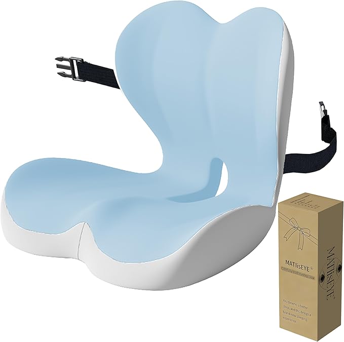 Orthopedic Memory Foam Seat Cushion with Adjustable Strap, Coccyx & Sciatica Pain Relief, Washable Non-Slip for Long Sitting, Ergonomic Posture Support for Office Chair, Car & Wheelchair (Blue Grey)