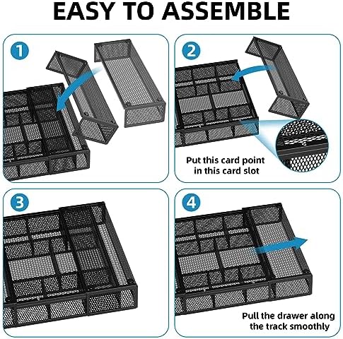 Marbrasse Expandable Desk Drawer Organizer, Mesh Drawer Organizer Tray with 10 Adjustable Compartments, Desk Organizers and Accessories, 5 Dividers Drawer for Office Supplies, Makeup & Vanity (Black)