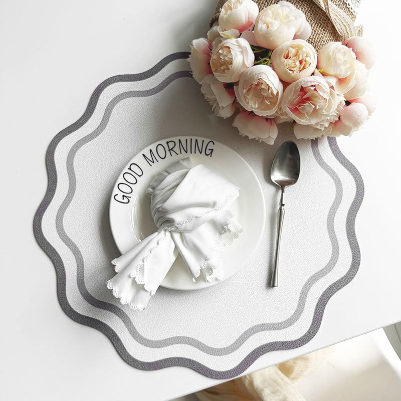 Printed Flower Shape Leather Placemat Insulated Table Mat for Kitchen Dining Table Striped Waterproof Heat-Resistant Plate Mat (Flower Grey,34cm Round)