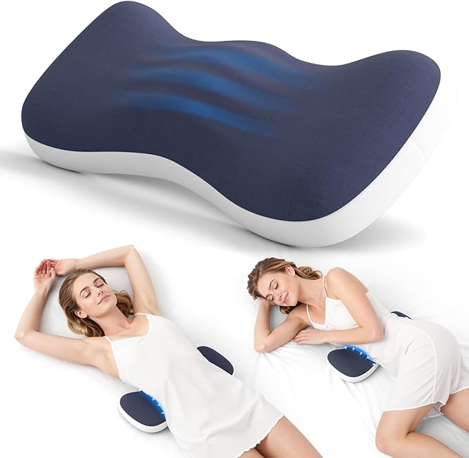 Lumbar Support Pillow for Bed, Memory Foam Pillow for Back Pain Relief, Lower Back Pain Relief Pillow for Sleeping, Adjustable Lumbar Pillow for Sleeping, Bed, Car, Couch (White - Navy Blue)