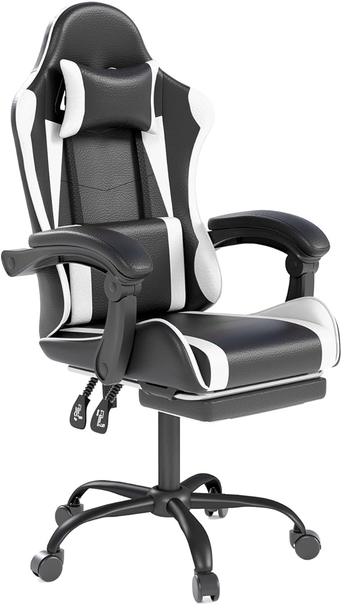 OS MOTOR Gaming Chair with Headrest and Lumbar Support, Ergonomic High Back Office Chair, Racing Style Executive Computer Desk Chair, Leather Adjustable Swivel Task Chair for Home Office (White)