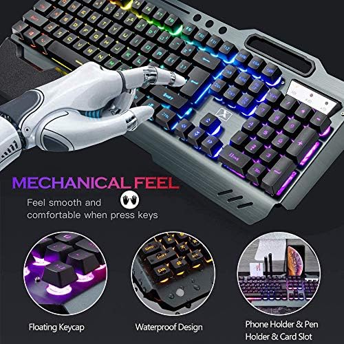 Wireless Gaming Keyboard and Mouse,RGB Backlit Rechargeable Keyboard Mouse with 5000mAh Battery Metal Panel,Removable Hand Rest Mechanical Feel Keyboard and 7 Color Gaming Mute Mouse for PC Gamer