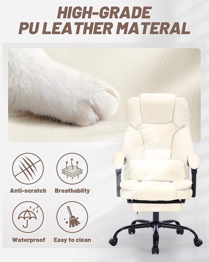 600lbs Office Chair with Footrest, Executive Chair with Padded Armrests, Reclining Desk Chair with Lumbar Support, High Back Leather Chair for Heavy People