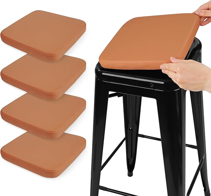 SINOSSO Modern Faux Leather Bar Stool Cushions 4 Pack, Leathaire Magnetic Small Chair Pads for Cafe Bistro Stackable Metal Stools (Square, Orange, 4)