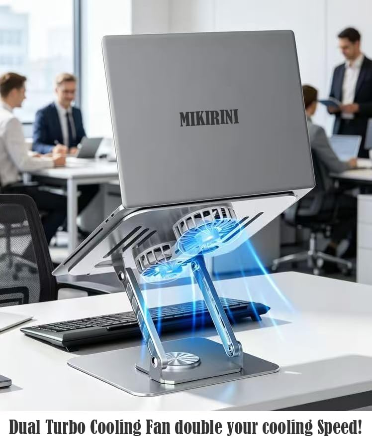 Laptop Tablet Cooling Stand with 360° Rotation Base and USB Dual Cooler, Adjustable Height Support Compatible with Tablets, iPad, 10-17" Notebook (Silver)