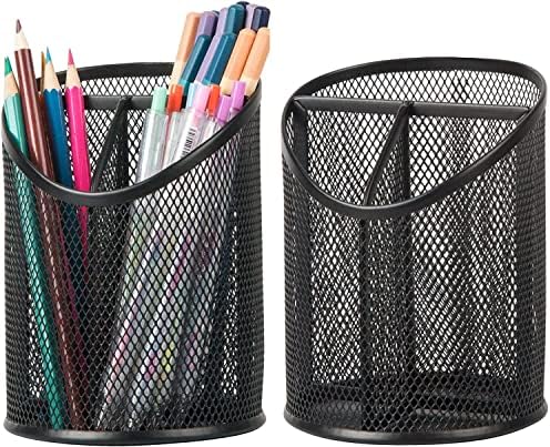 Delifox 2 Pack Pen Holder Mesh Round Pencil Holder 3 Compartments, Black