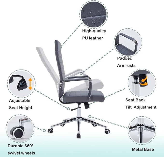 Grey Leather Ribbed Office Desk Chair, Ergonomic High-Back Executive Conference Room Chairs with Wheels, Adjustable Swivel Computer Task Chair with Arms and Thick Padded Seat