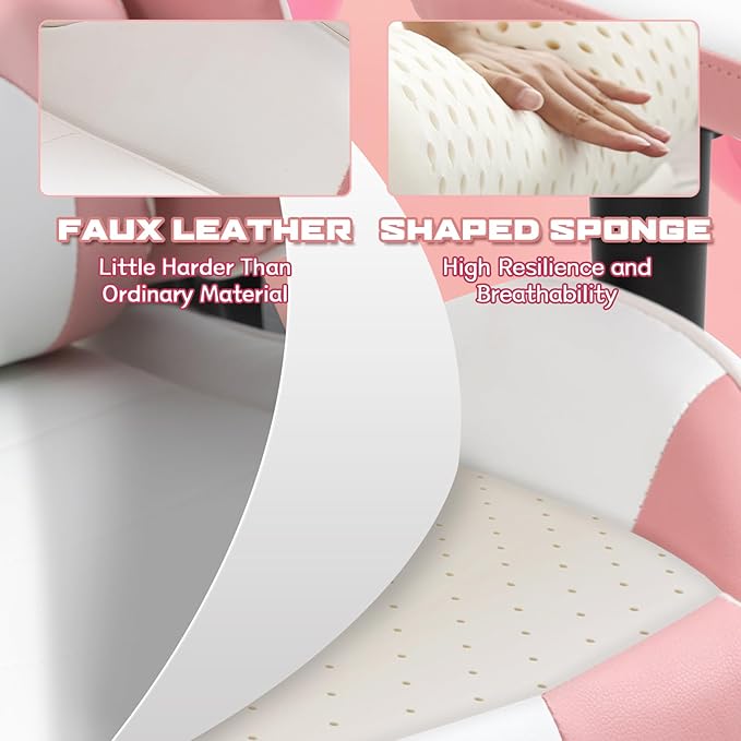 ECOTOUGE PC Gaming Chair with Footrest Ergonomic Office Desk Chair Racing Leather Recliner Swivel Rocker with Headrest and Lumbar Pillow for Girls, Pink-White