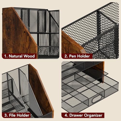 Homsorout Wooden Desk Organizer - Mesh File Organizer with Drawers and Pen Holder - 4-Tier Vertical Paper Letter Storage Tray, Desktop Organizers and Accessories for Home Office