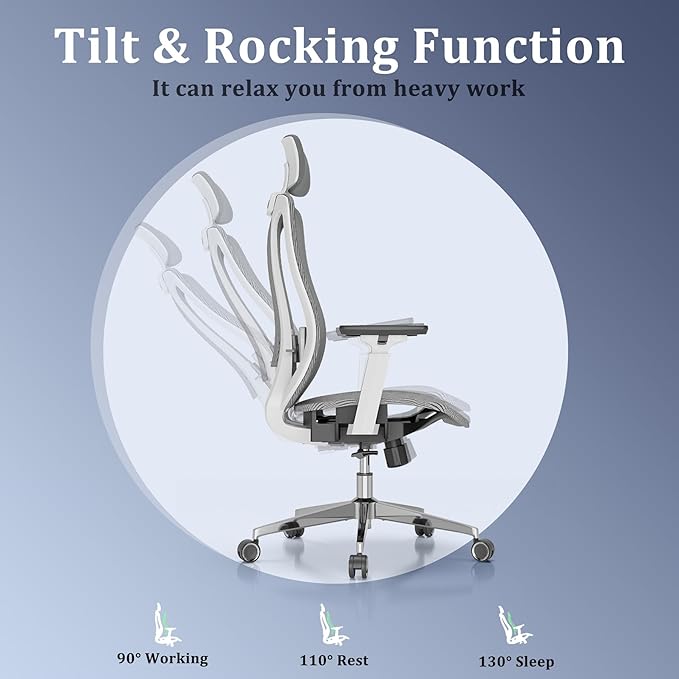Logicfox Ergonomic Office Chair, High Back Mesh Desk Chair - Adjustable Lumbar Support & 3D Armrests, Swivel Computer Chair with Headrest, Tilt Lock & PU Wheels for Home Office, Long Hours Work