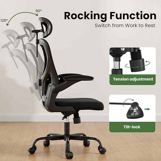 JOSHEN Breathable Mesh Elegance Office Chair, Modern Refined Office Chair with Adjustable Lumbar & Headrest, Minimalist Single Sofa Chairs for Home Office & Study, Black