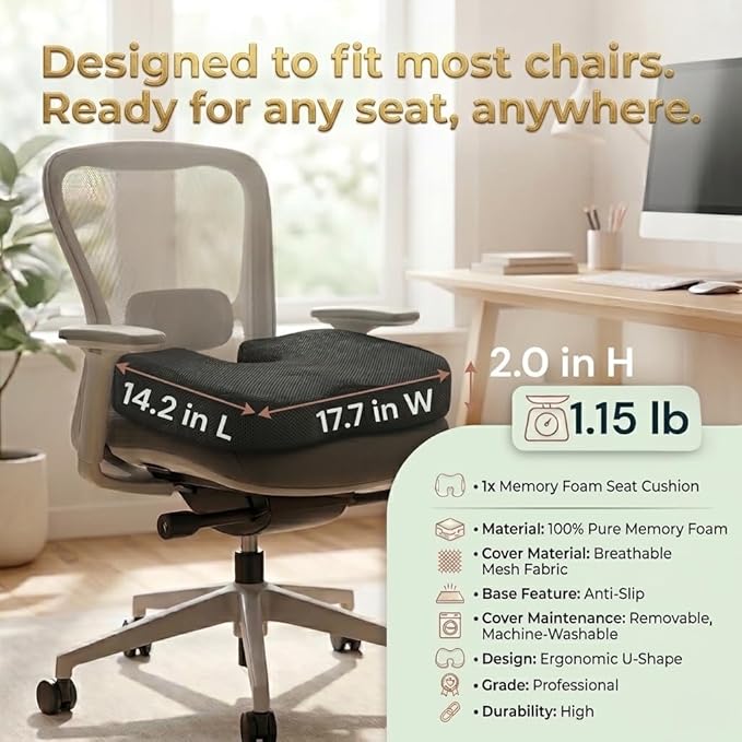 Premium Orthopedic Memory Foam Seat Cushion for Office Chair & Car Seat .Ergonomic U-Shape Coccyx Pillow for Tailbone & Sciatica Pain Relief Lower Back Problems and Long Sitting Comfort. (Black)